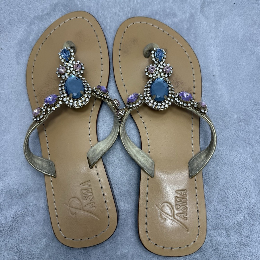 Pasha Women EU 42 US 11-11.5 Jeweled Leather Thong Sandals Gold Crystal